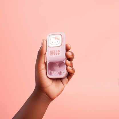 OTL Technologies HK1281 Hello Kitty Slide Open TWS Earphones with LED Light Up Display and Wireless Charging Case - Pink