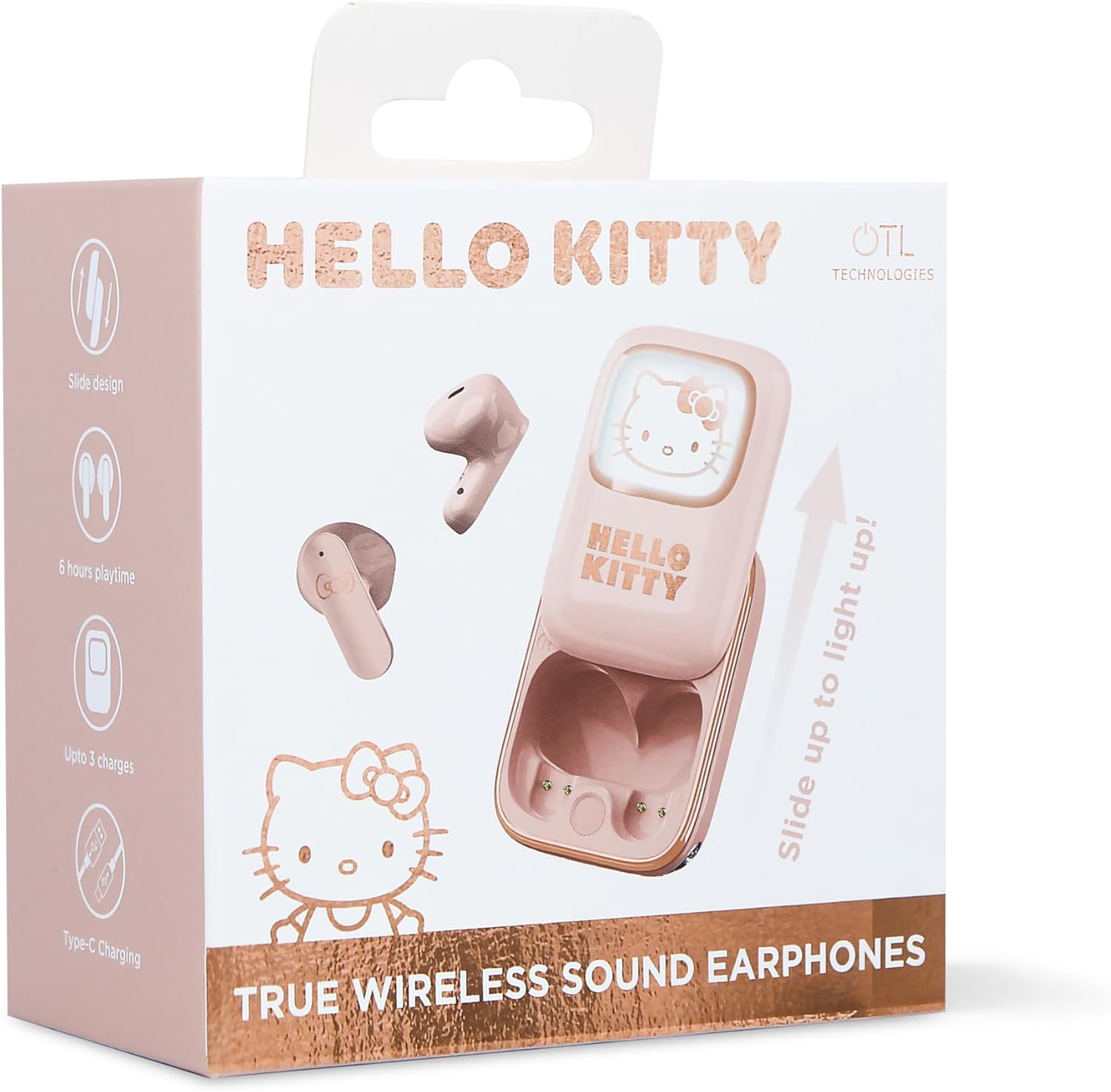 OTL Technologies HK1281 Hello Kitty Slide Open TWS Earphones with LED Light Up Display and Wireless Charging Case - Pink
