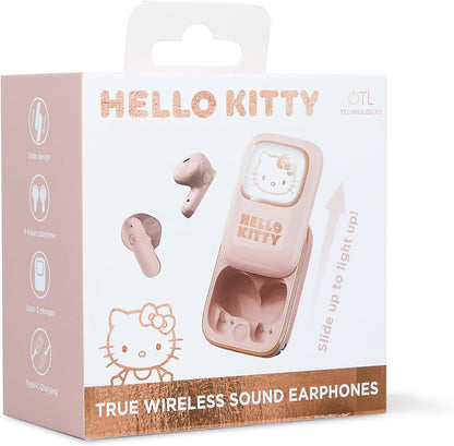 OTL Technologies HK1281 Hello Kitty Slide Open TWS Earphones with LED Light Up Display and Wireless Charging Case - Pink
