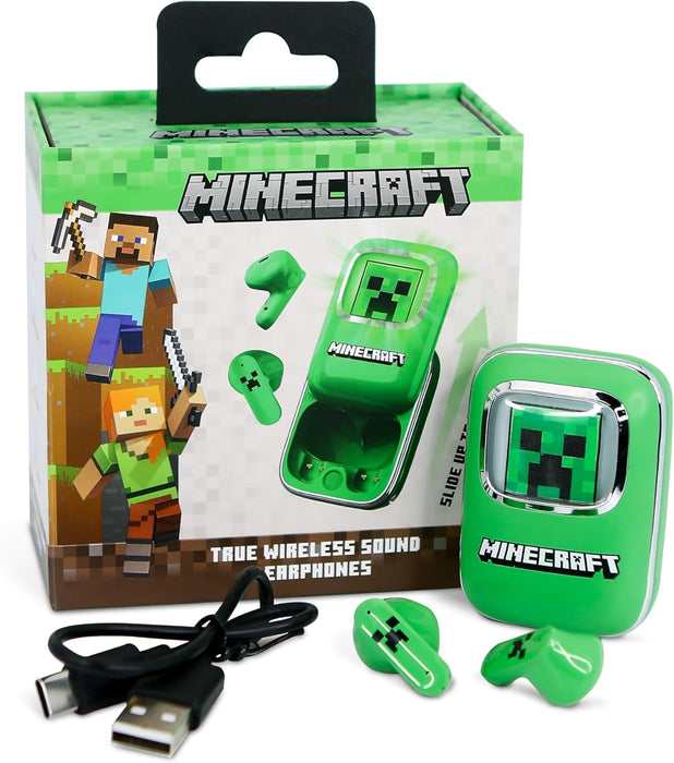 OTL Technologies MC1316 Minecraft Creeper Slide TWS Earphones with LED Light Up Charging Case - Green