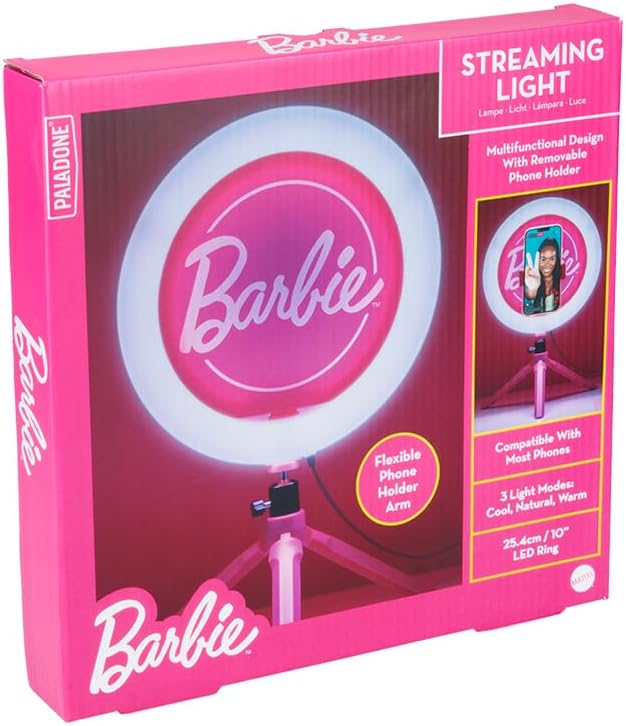 Barbie Streaming Light - Officially Licensed Adjustable Ring Light with Phone Holder, 3 Light Modes, Warm, Cool and Neutral, Gift for Girls Paladone