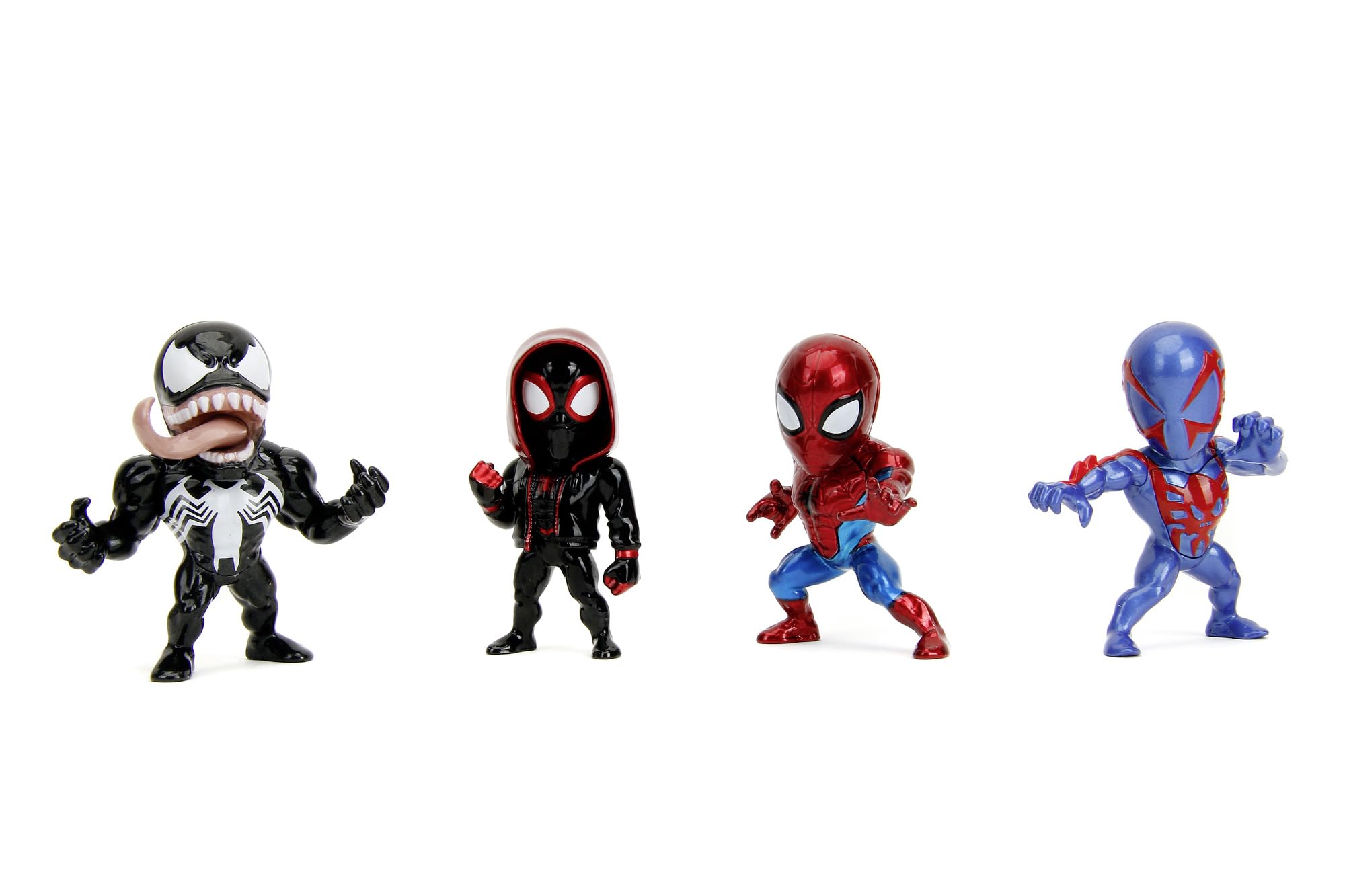 Jada Toys - Juego de 4 Figuras de Marvel (4 Piezas) de Metal Wave 1 Cultura Pop Figuras coleccionables Spider-Man Classic, Venom, Miles Morales Unmasked, Spider-Man 2099, 4 Unidades/Set, 6 cm