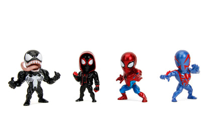 Jada Toys - Juego de 4 Figuras de Marvel (4 Piezas) de Metal Wave 1 Cultura Pop Figuras coleccionables Spider-Man Classic, Venom, Miles Morales Unmasked, Spider-Man 2099, 4 Unidades/Set, 6 cm