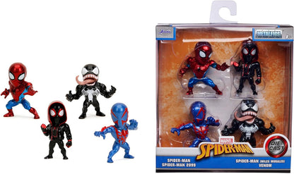 Jada Toys - Juego de 4 Figuras de Marvel (4 Piezas) de Metal Wave 1 Cultura Pop Figuras coleccionables Spider-Man Classic, Venom, Miles Morales Unmasked, Spider-Man 2099, 4 Unidades/Set, 6 cm