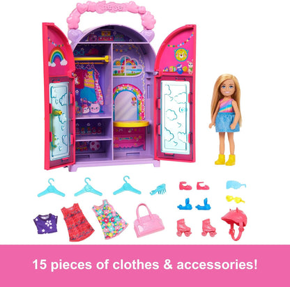 Barbie Chelsea Doll & Closet Toy Playset with 15 Pieces Clothes & Accessories Included, Foldable Set for On-The-Go Play & Storage, HXN03