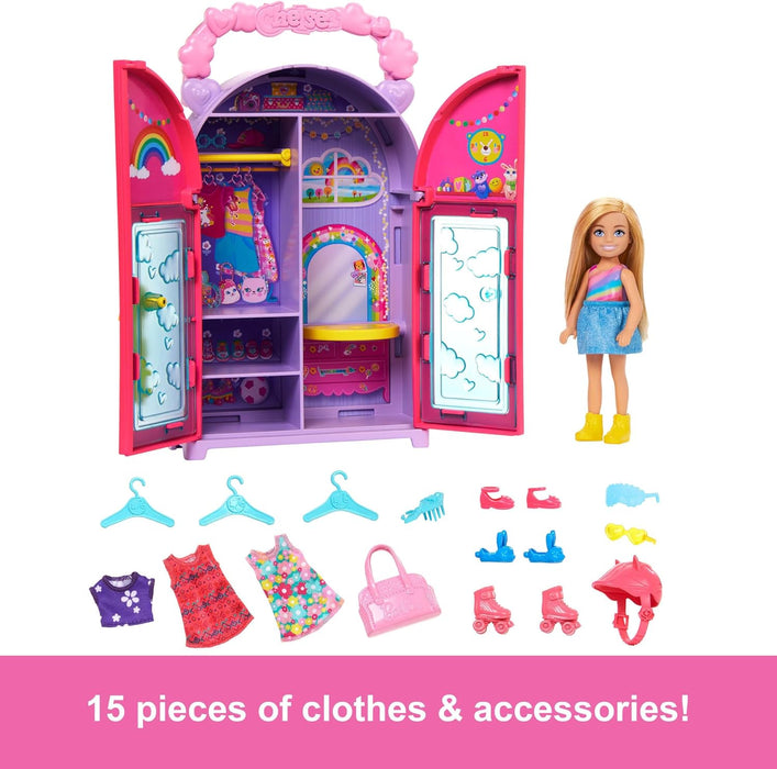 Barbie Chelsea Doll & Closet Toy Playset with 15 Pieces Clothes & Accessories Included, Foldable Set for On-The-Go Play & Storage, HXN03