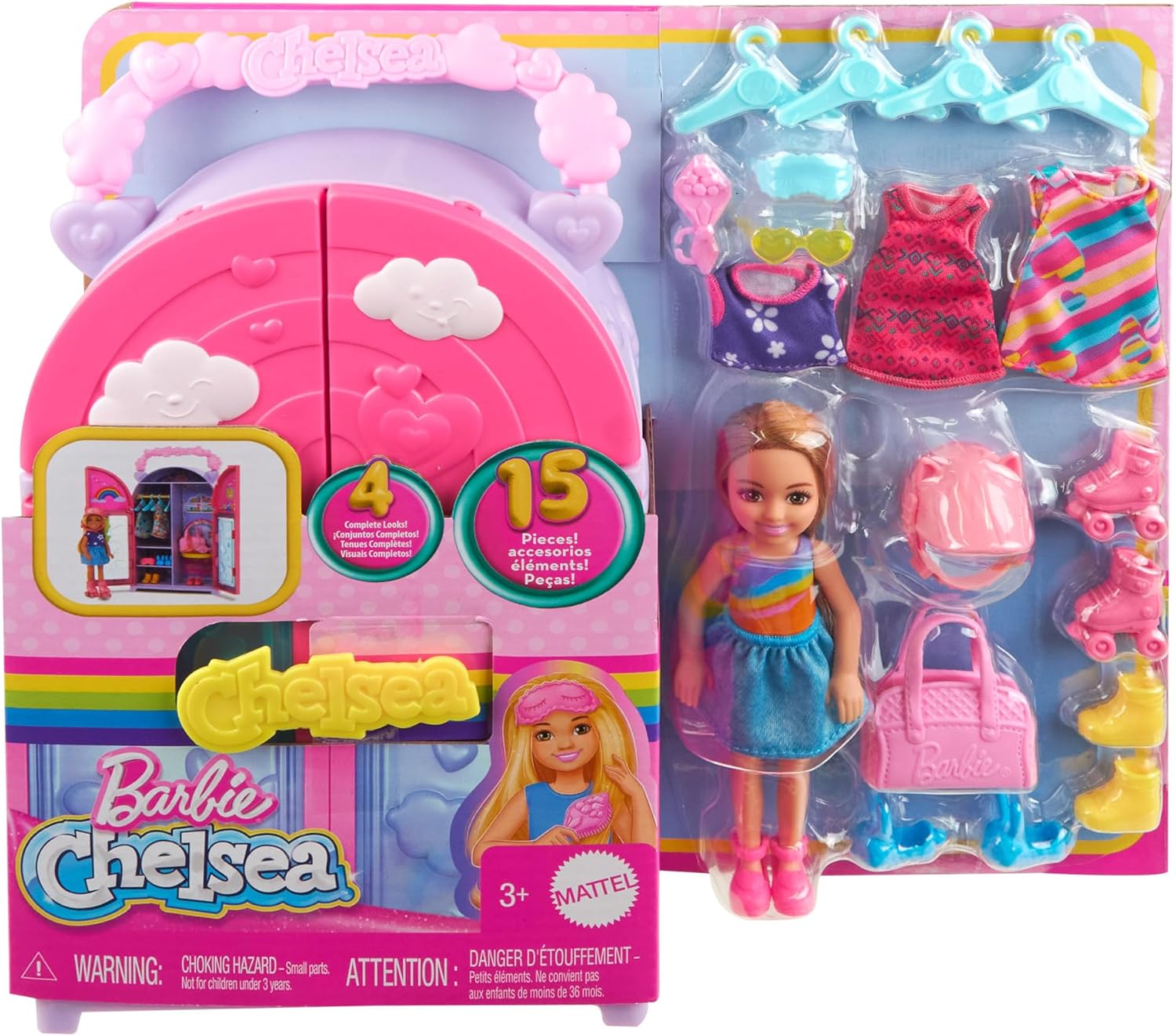 Barbie Chelsea Doll & Closet Toy Playset with 15 Pieces Clothes & Accessories Included, Foldable Set for On-The-Go Play & Storage, HXN03