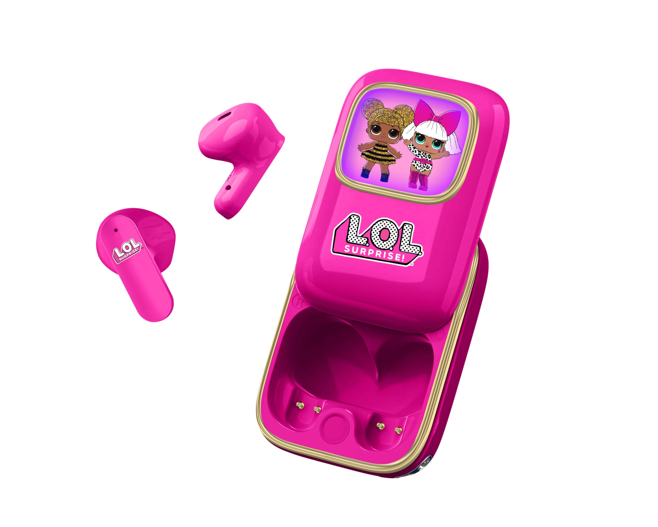 OTL Technologies LOL Surprise! Slide Open LED Light Up Display TWS Earphones with Wireless Charging Case – Pink