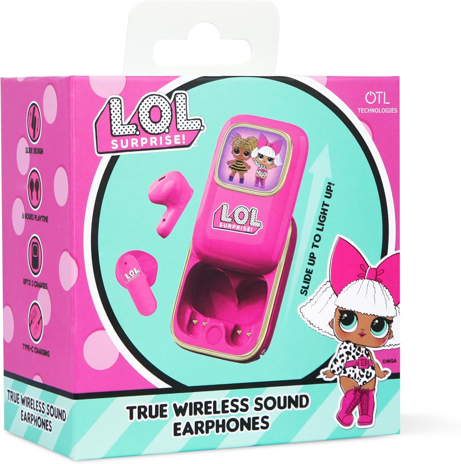 OTL Technologies LOL Surprise! Slide Open LED Light Up Display TWS Earphones with Wireless Charging Case – Pink