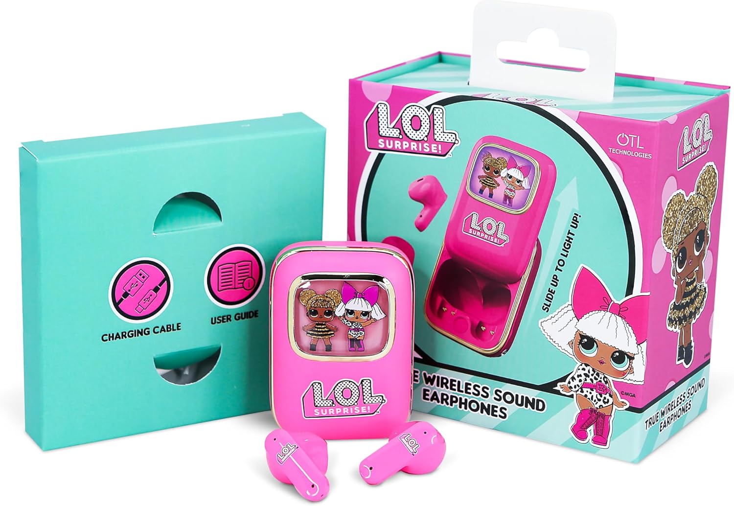 OTL Technologies LOL Surprise! Slide Open LED Light Up Display TWS Earphones with Wireless Charging Case – Pink