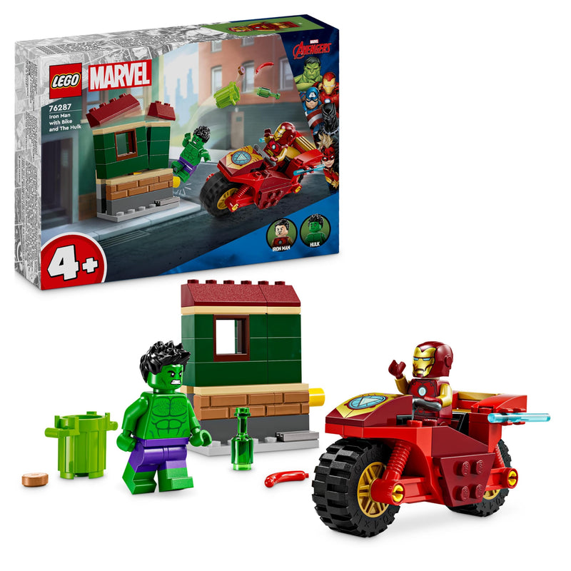 LEGO Marvel Iron Man with Bike and The Hulk, Super Hero Building Toy for Kids, Collectible Playset with Vehicle and Minifigures, Gift for Boys and Girls Aged 4 and Over 76287