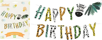 Happy Birthday Garland 180 cm 1 Piece - Banner with Animal Pattern / Zebra Motif - Birthday Garland Children - Decoration Children's Birthday - Colourful