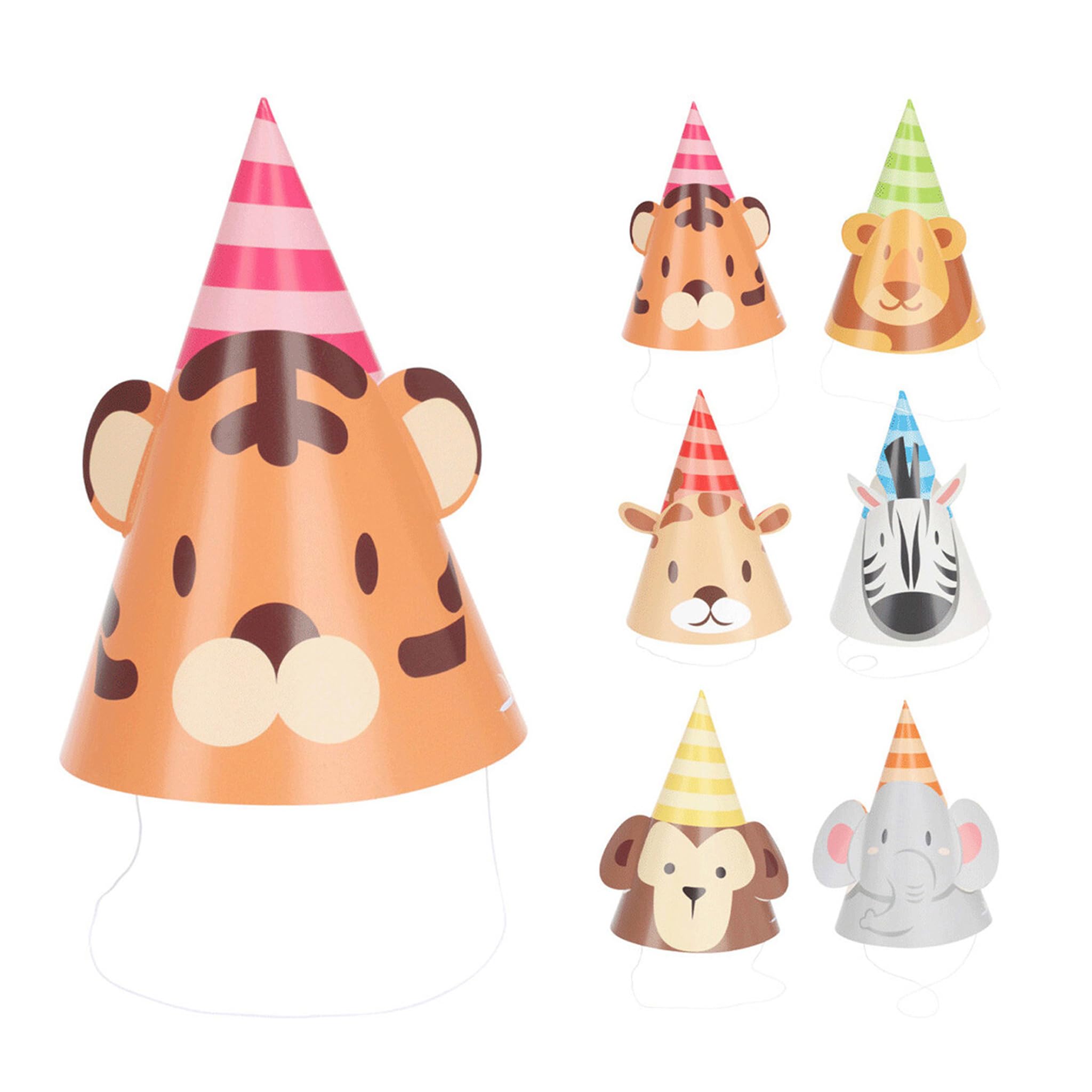 FREE & EASY Partyhoeden, 16 cm, dieren, set van 8 met oren, grappige wilde dieren, feesthoedjes voor kinderen, feesthoedjes, verkleedkostuum, themafeest, jungle, verjaardagsdecoratie