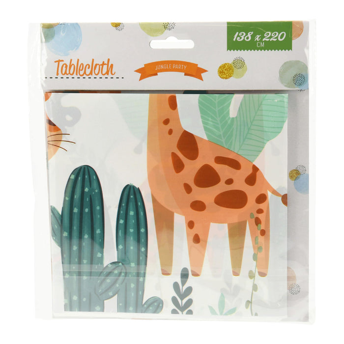 FREE & EASY Tablecloth 138 x 220 cm Plastic Washable Animal Motif Party Tablecloth Animal Party Birthday Decoration Children's Birthday Jungle Decoration for Children's Parties White Colourful