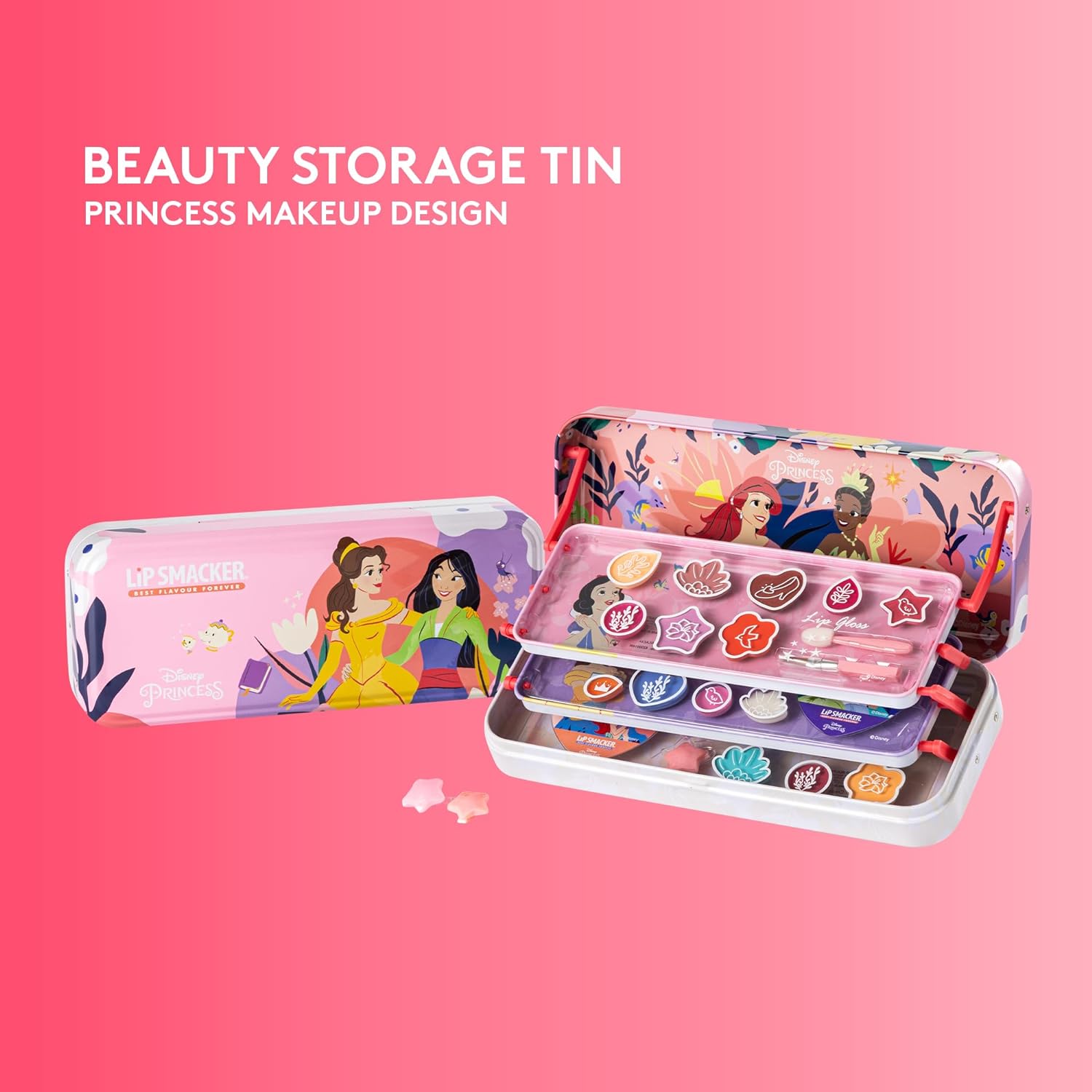 Lip Smacker Disney Princess Artisan Picnic Beauty Tin, Three-Level Kids' Makeup Set with Glossy LipGloss, Bright EyeShadows, Makeup Applicators, and Hair Accessories