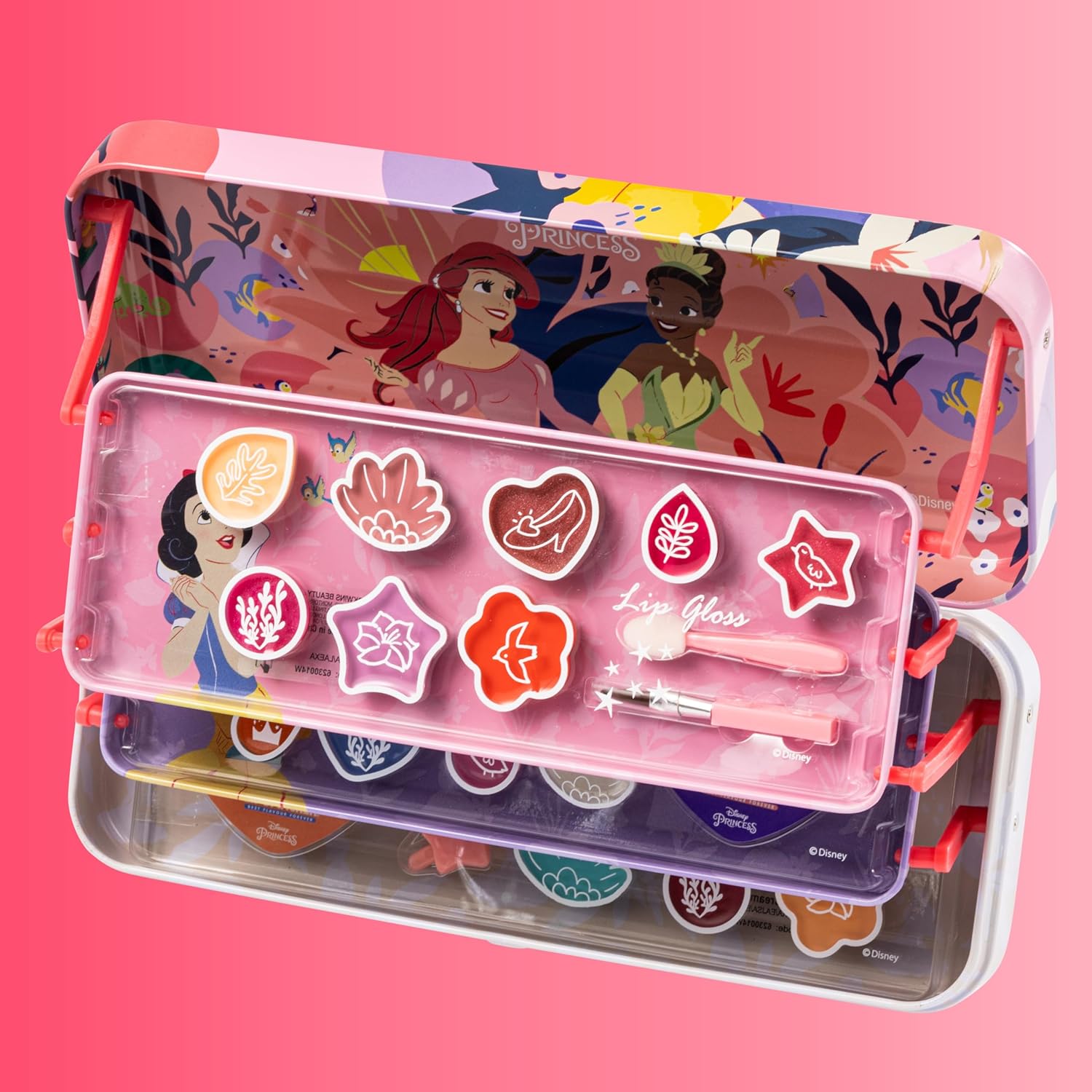 Lip Smacker Disney Princess Artisan Picnic Beauty Tin, Three-Level Kids' Makeup Set with Glossy LipGloss, Bright EyeShadows, Makeup Applicators, and Hair Accessories
