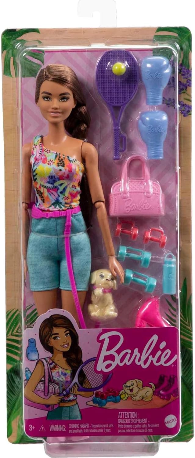 Barbie Self-Care Doll, Brunette Posable Workout Doll with Puppy & Accessories Including Roller Skates & Tennis Rackets