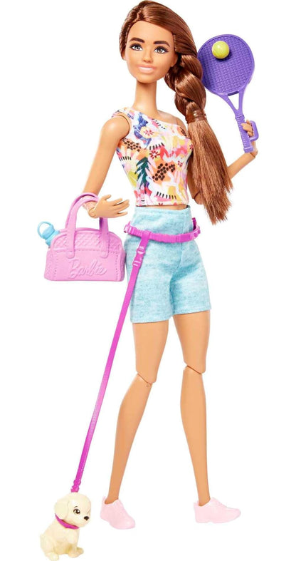 Barbie Self-Care Doll, Brunette Posable Workout Doll with Puppy & Accessories Including Roller Skates & Tennis Rackets