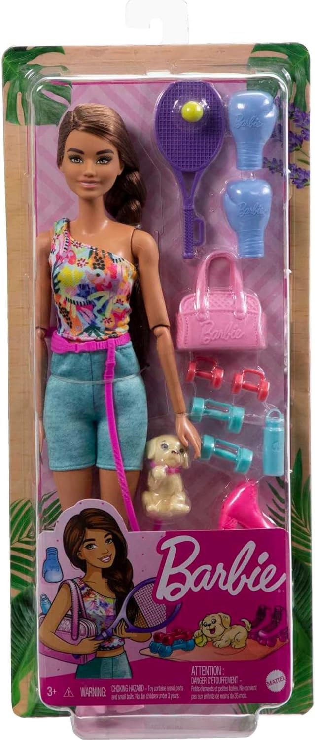 Barbie Self-Care Doll, Brunette Posable Workout Doll with Puppy & Accessories Including Roller Skates & Tennis Rackets