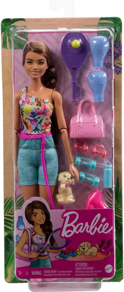 Barbie Self-Care Doll, Brunette Posable Workout Doll with Puppy & Accessories Including Roller Skates & Tennis Rackets