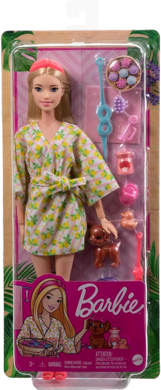 Barbie Bienestar SPA Muñeca articulada con Mascota y Accesorios de relajación, Juguete +3 años (Mattel HKT90