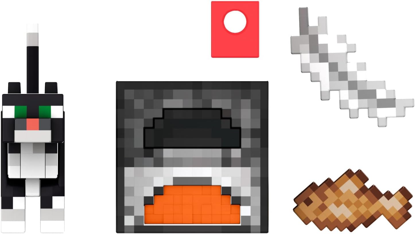 Mattel Minecraft Diamond Level Tuxedo Cat Action Figure with 4 Accessories, 5.5-in Collector Scale & Pixelated Design, HTM07