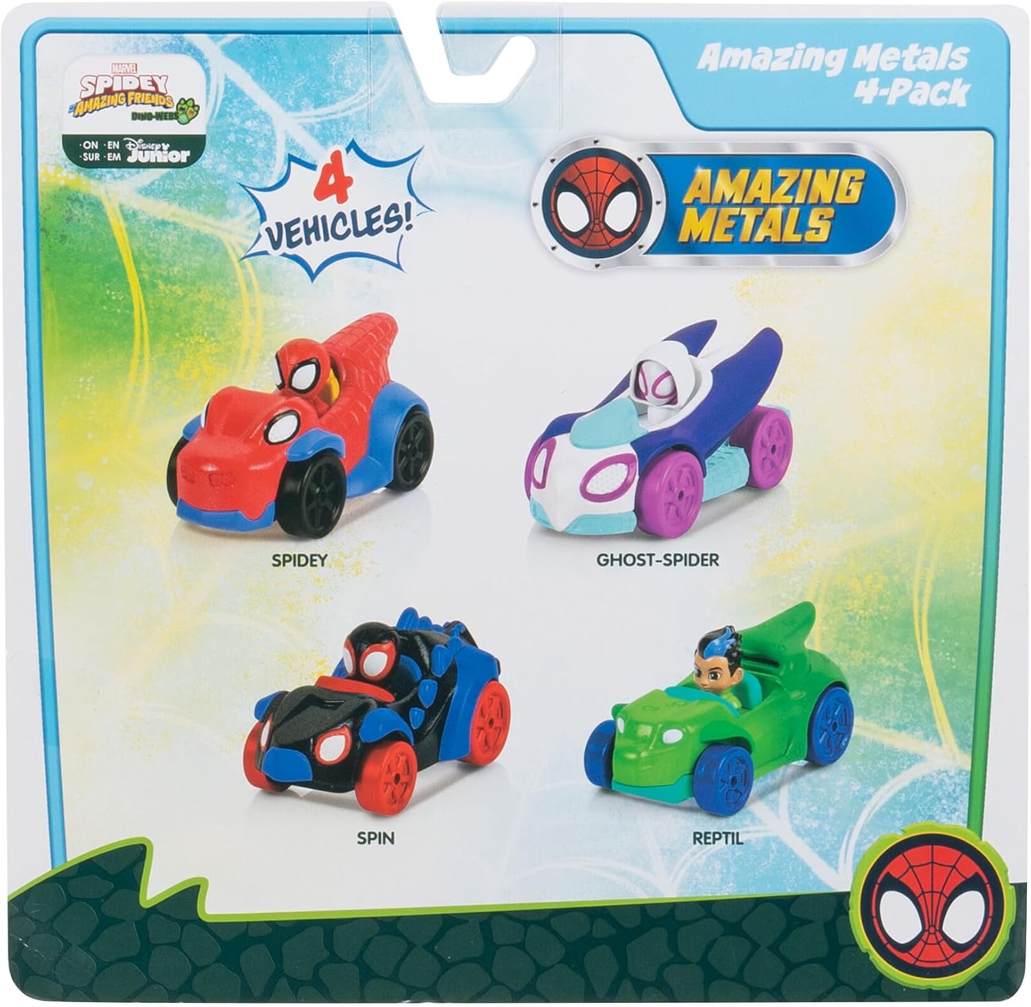 SPIDEY AND HIS AMAZING FRIENDS MARVEL Amazing Metals 4 Pack - Four 3-Inch Die-Cast Dino-Webs Vehicles with Built-In-Characters