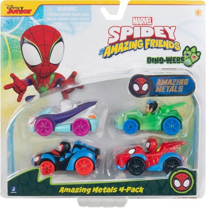 SPIDEY AND HIS AMAZING FRIENDS MARVEL Amazing Metals 4 Pack - Four 3-Inch Die-Cast Dino-Webs Vehicles with Built-In-Characters
