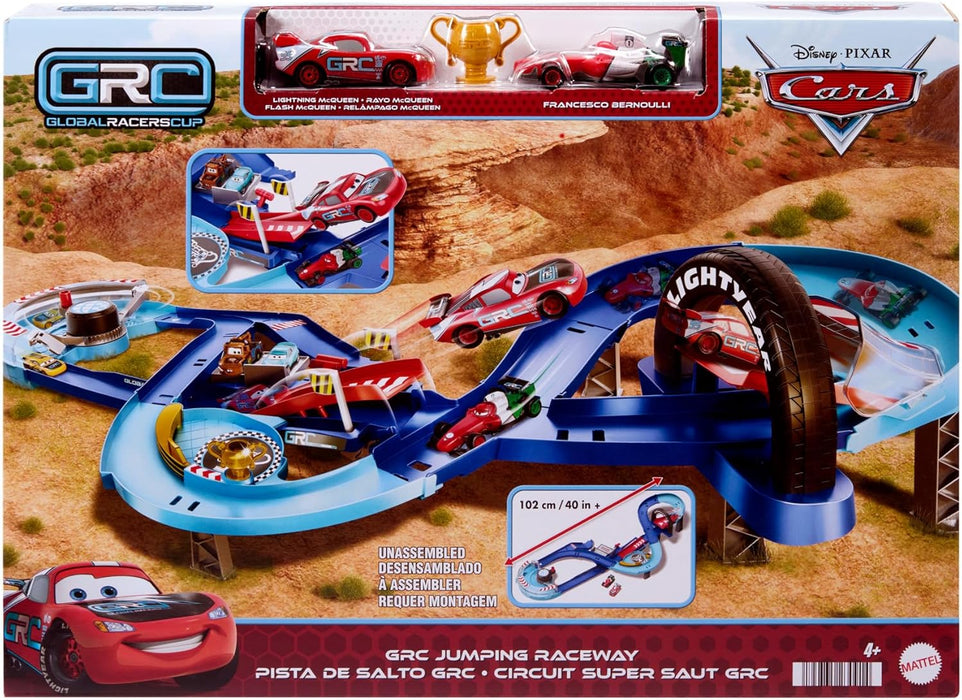 Mattel Disney and Pixar Cars Playset with 2 Toy Cars, Lightning McQueen & Francesco Bernoulli, GRC Jumping Raceway Track Set with Kid-Powered Booster, HXJ32