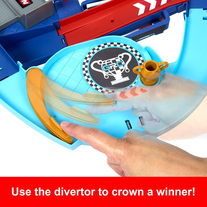 Mattel Disney and Pixar Cars Playset with 2 Toy Cars, Lightning McQueen & Francesco Bernoulli, GRC Jumping Raceway Track Set with Kid-Powered Booster, HXJ32