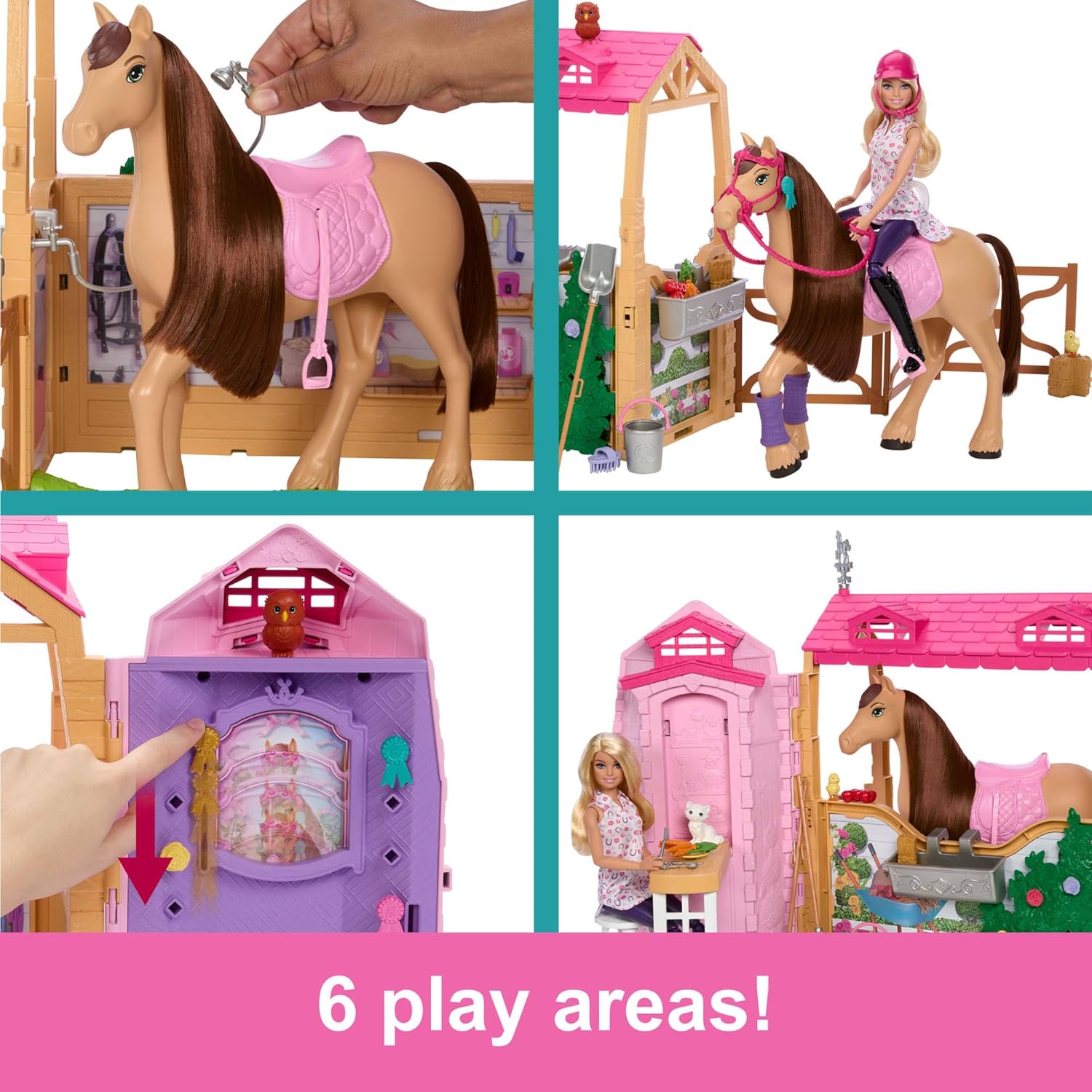 Barbie - Playset Stalla, con bambola e cavallo, 6 aree di gioco e 25 accessori inclusi, ispirato alla serie Netflix Barbie Mysteries: The Great Horse Chase, giocattolo per bambini, 3+ anni, HXJ44
