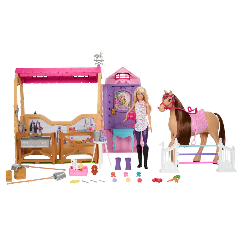 Barbie - Playset Stalla, con bambola e cavallo, 6 aree di gioco e 25 accessori inclusi, ispirato alla serie Netflix Barbie Mysteries: The Great Horse Chase, giocattolo per bambini, 3+ anni, HXJ44