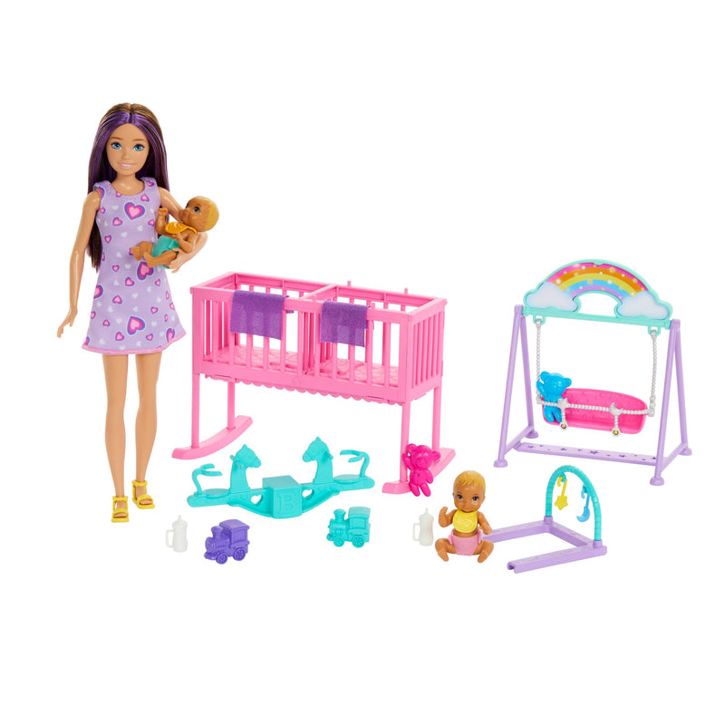 Barbie Skipper Doll & Nursery Playset with Accessories, Includes Twin Baby Dolls, 1 Crib, 1 Swing, 1 See-Saw & More, HXM99