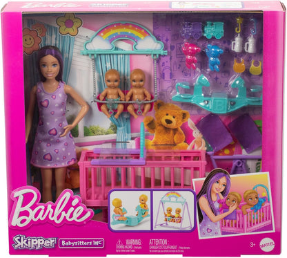Barbie Skipper Doll & Nursery Playset with Accessories, Includes Twin Baby Dolls, 1 Crib, 1 Swing, 1 See-Saw & More, HXM99