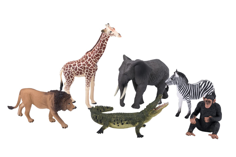 MOJO – Safari Playset with 6 Figures Giraffe, Zebra, Lion, Crocodile, Elephant, Chimpanzee | Hand-Painted Toy Figure | Wildlife Collection | True to Life & Highly Detailed | Designed in UK