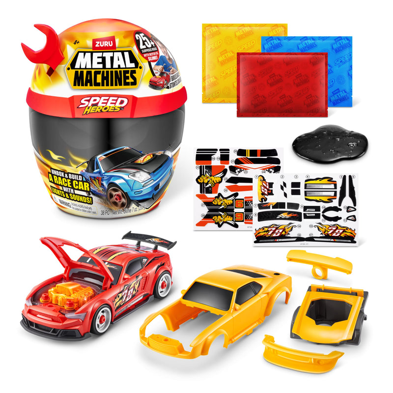 Metal Machines Speed Heroes (Red) by Zuru, 20+ Surprises, Build your own Car, Two Bodies, Lights & Sounds