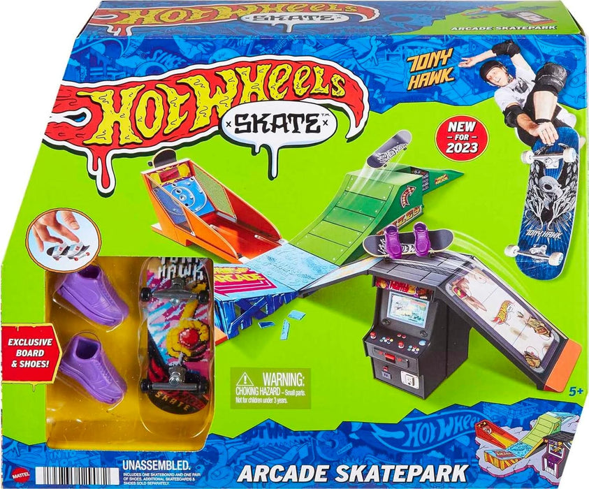 Bundle of Hot Wheels Arcade Skatepark Playset, Tony Hawk Fingerboard, Pair of Skate Shoes + Tony Hawk Fingerboard & Skate Shoes Multipack, 4 Boards, 2 Pairs of Shoes, 1 Exclusive Set (Styles May Vary)