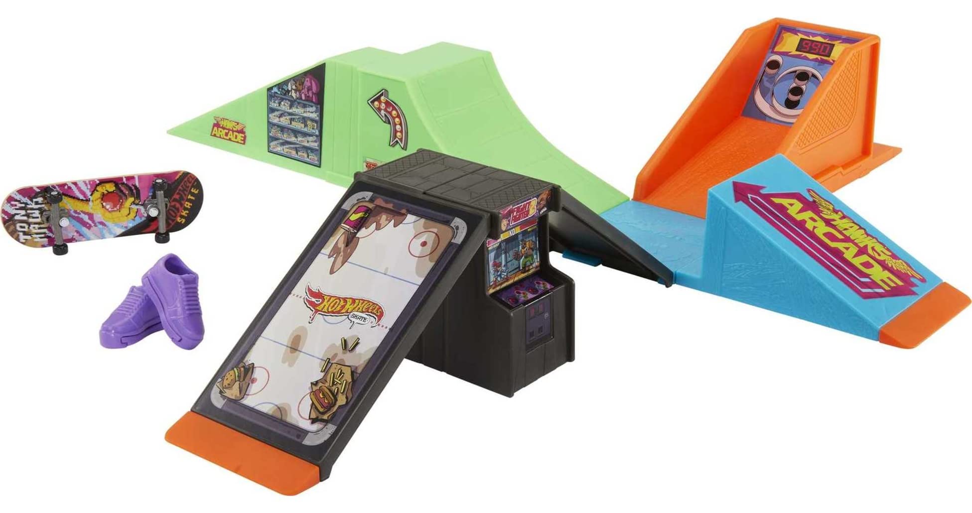 Bundle of Hot Wheels Arcade Skatepark Playset, Tony Hawk Fingerboard, Pair of Skate Shoes + Tony Hawk Fingerboard & Skate Shoes Multipack, 4 Boards, 2 Pairs of Shoes, 1 Exclusive Set (Styles May Vary)