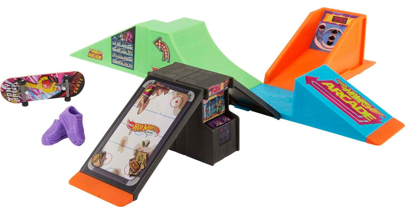 Bundle of Hot Wheels Arcade Skatepark Playset, Tony Hawk Fingerboard, Pair of Skate Shoes + Tony Hawk Fingerboard & Skate Shoes Multipack, 4 Boards, 2 Pairs of Shoes, 1 Exclusive Set (Styles May Vary)
