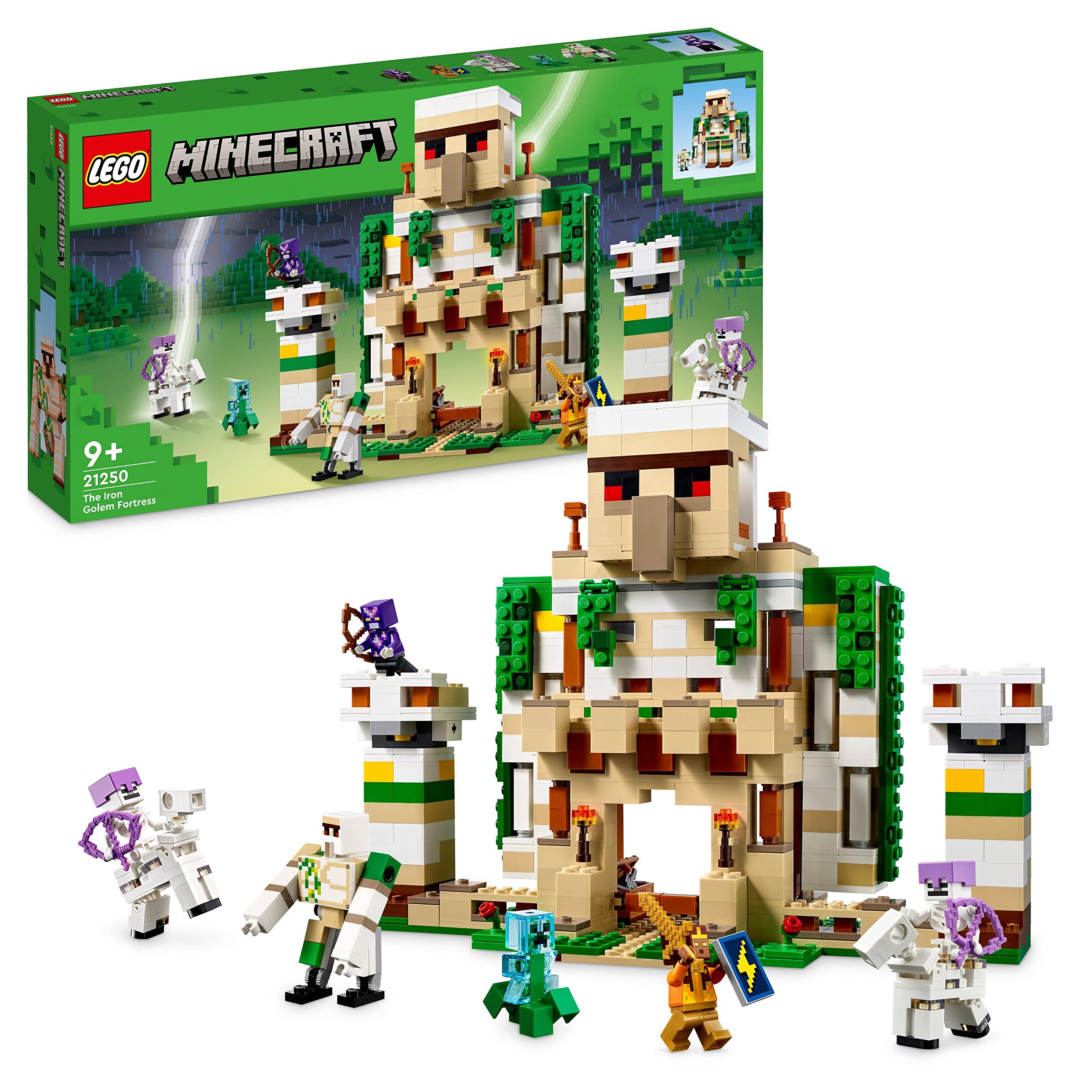 LEGO 21250 Minecraft The Iron Golem Fortress, Buildable Castle Toy which Transforms into Large Figure, with 7 Characters includ. Crystal Knight, Skeleton Horsemen and a Charged Creeper