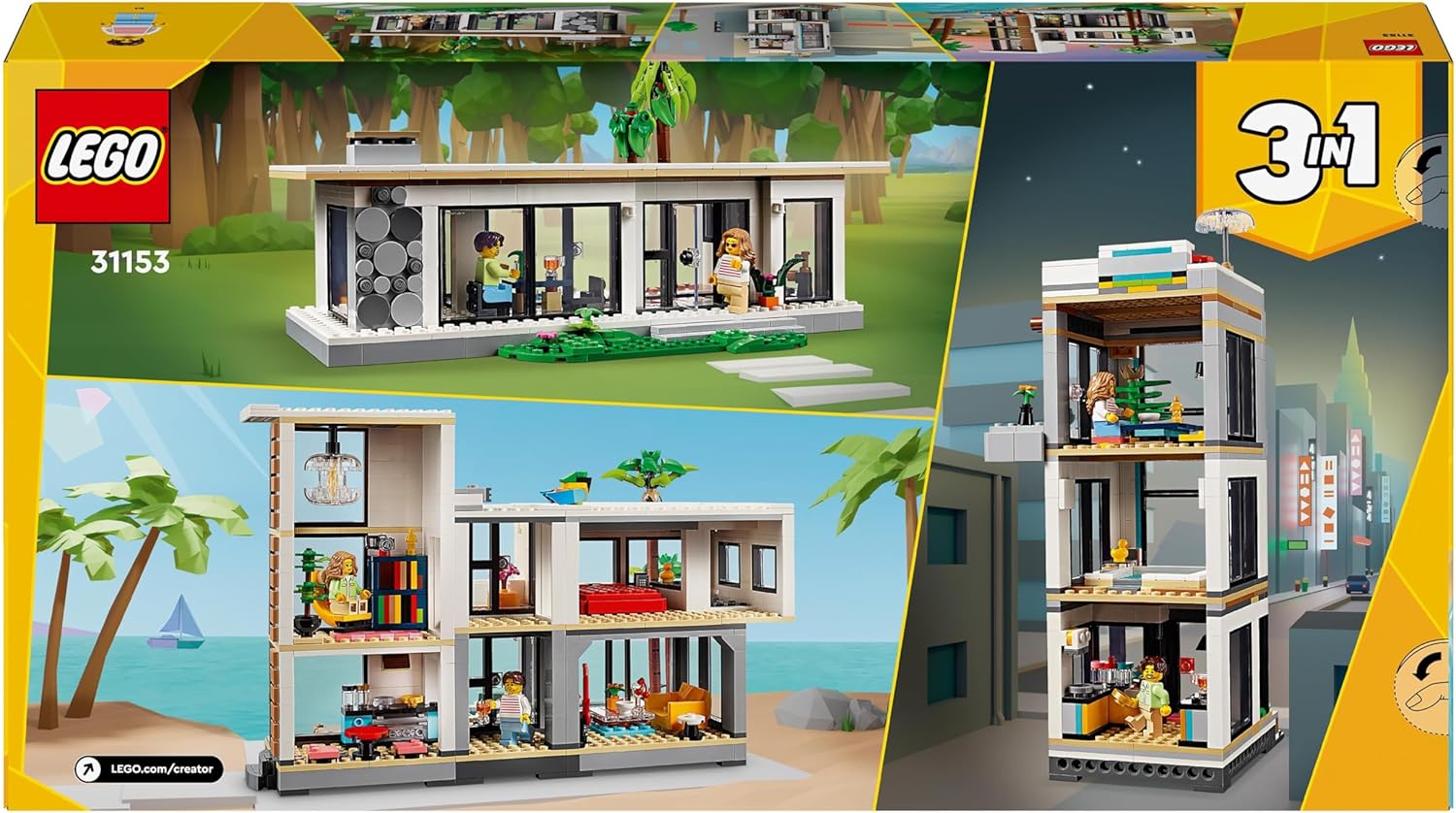LEGO Creator 3in1 Modern House to 3-Storey City Building to Forest Cabin Set, Model Building Kit for Kids, Gift Idea for 9 Plus Year Old Boys and Girls 31153