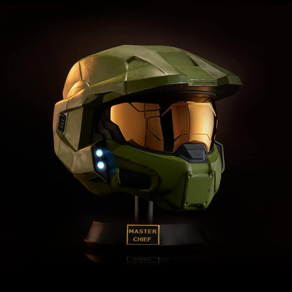 Halo Master Chief Deluxe Helmet with Stand - LED Lights on Each Side - Battle Damaged Paint - One Size Fits Most - Build your Universe