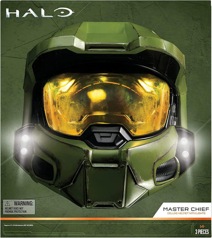 Halo Master Chief Deluxe Helmet with Stand - LED Lights on Each Side - Battle Damaged Paint - One Size Fits Most - Build your Universe