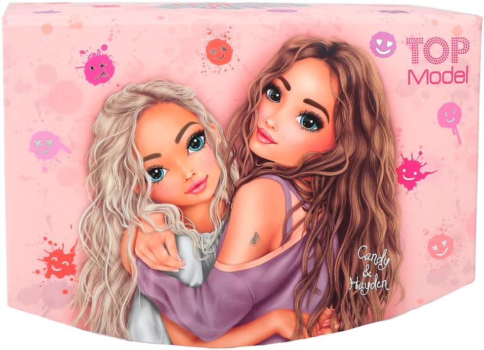 Depesche 12437 TOPModel Happy Together Small Pink with Smiley Pattern and Model Motif, Jewellery Box with Mirror and Hinged Lid, Multicoloured