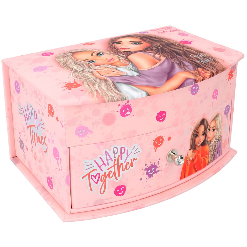 Depesche 12437 TOPModel Happy Together Small Pink with Smiley Pattern and Model Motif, Jewellery Box with Mirror and Hinged Lid, Multicoloured