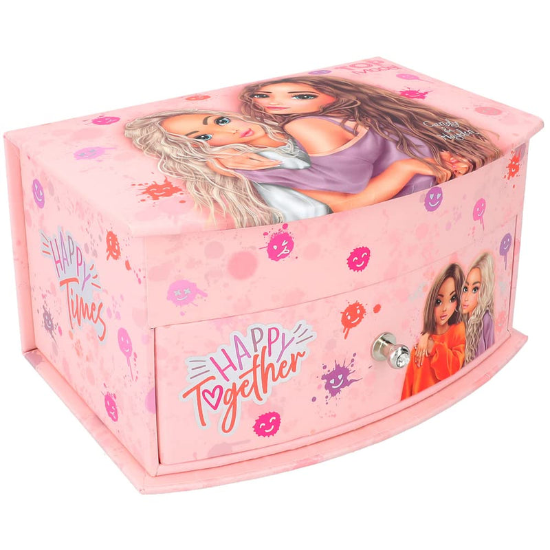 Depesche 12437 TOPModel Happy Together Small Pink with Smiley Pattern and Model Motif, Jewellery Box with Mirror and Hinged Lid, Multicoloured