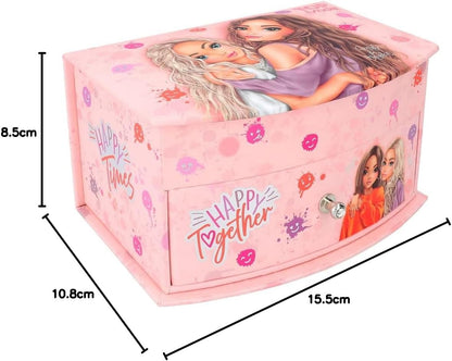 Depesche 12437 TOPModel Happy Together Small Pink with Smiley Pattern and Model Motif, Jewellery Box with Mirror and Hinged Lid, Multicoloured