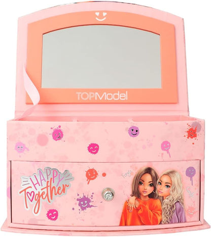 Depesche 12437 TOPModel Happy Together Small Pink with Smiley Pattern and Model Motif, Jewellery Box with Mirror and Hinged Lid, Multicoloured
