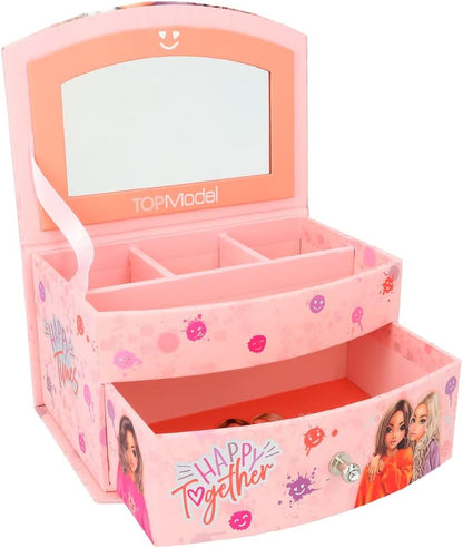 Depesche 12437 TOPModel Happy Together Small Pink with Smiley Pattern and Model Motif, Jewellery Box with Mirror and Hinged Lid, Multicoloured