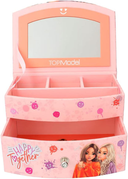 Depesche 12437 TOPModel Happy Together Small Pink with Smiley Pattern and Model Motif, Jewellery Box with Mirror and Hinged Lid, Multicoloured